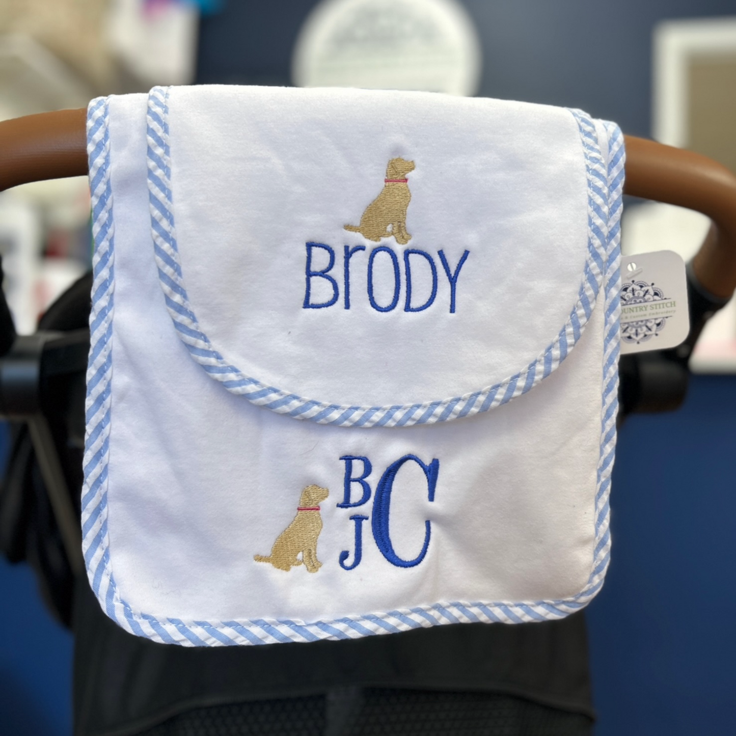 Bib and Burp Cloth set Blue Seersucker