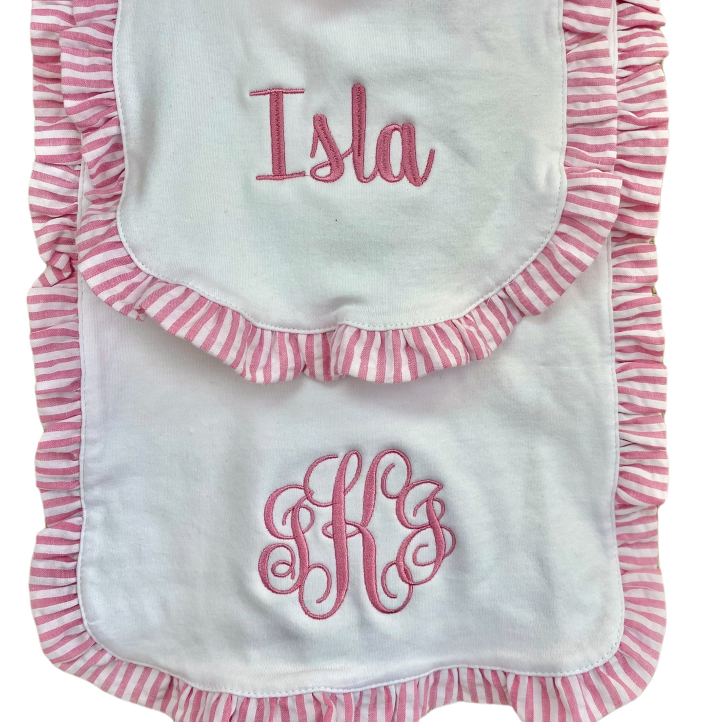 Bib and Burp Cloth set Seersucker Ruffle