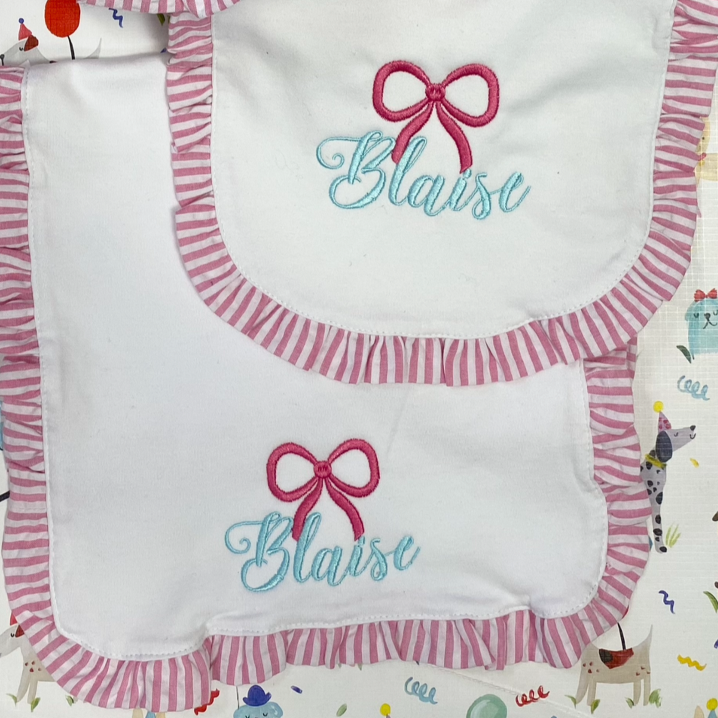 Bib and Burp Cloth set Seersucker Ruffle