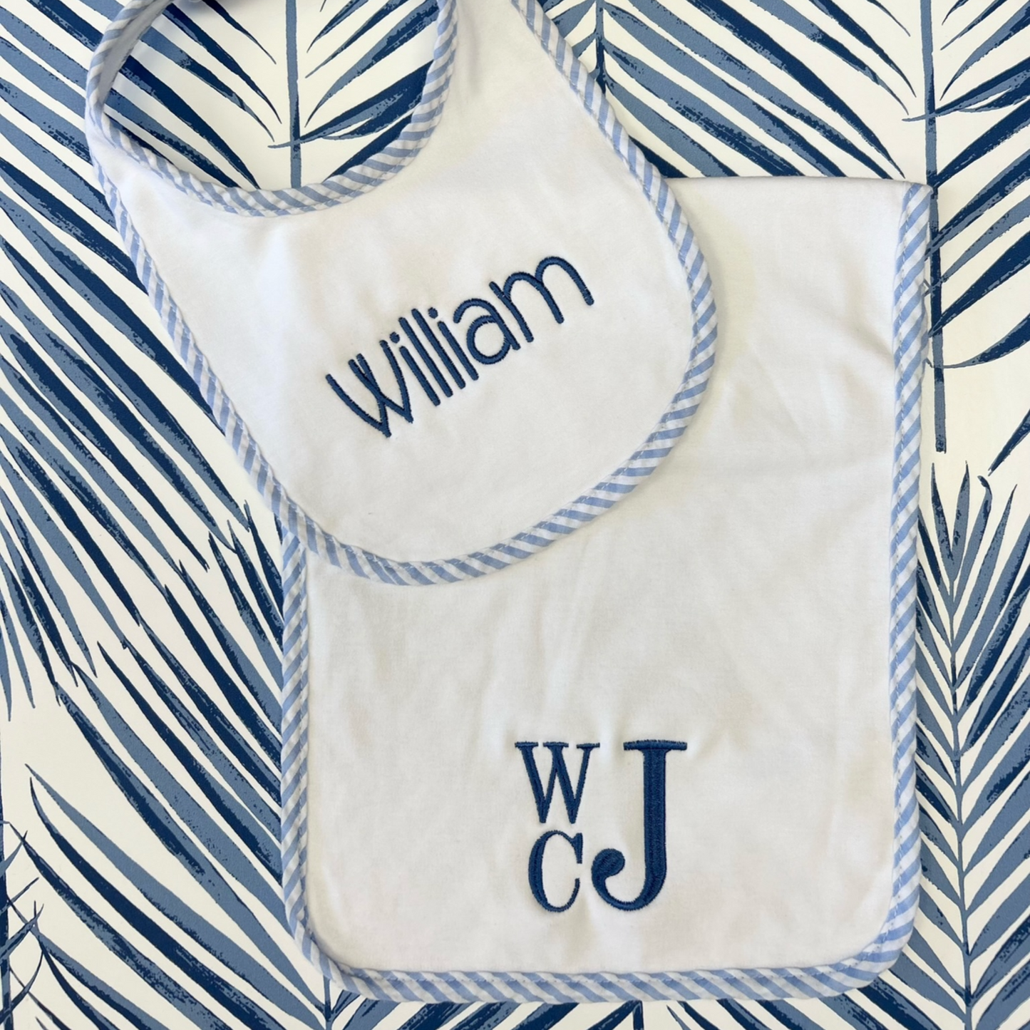 Bib and Burp Cloth set Blue Seersucker