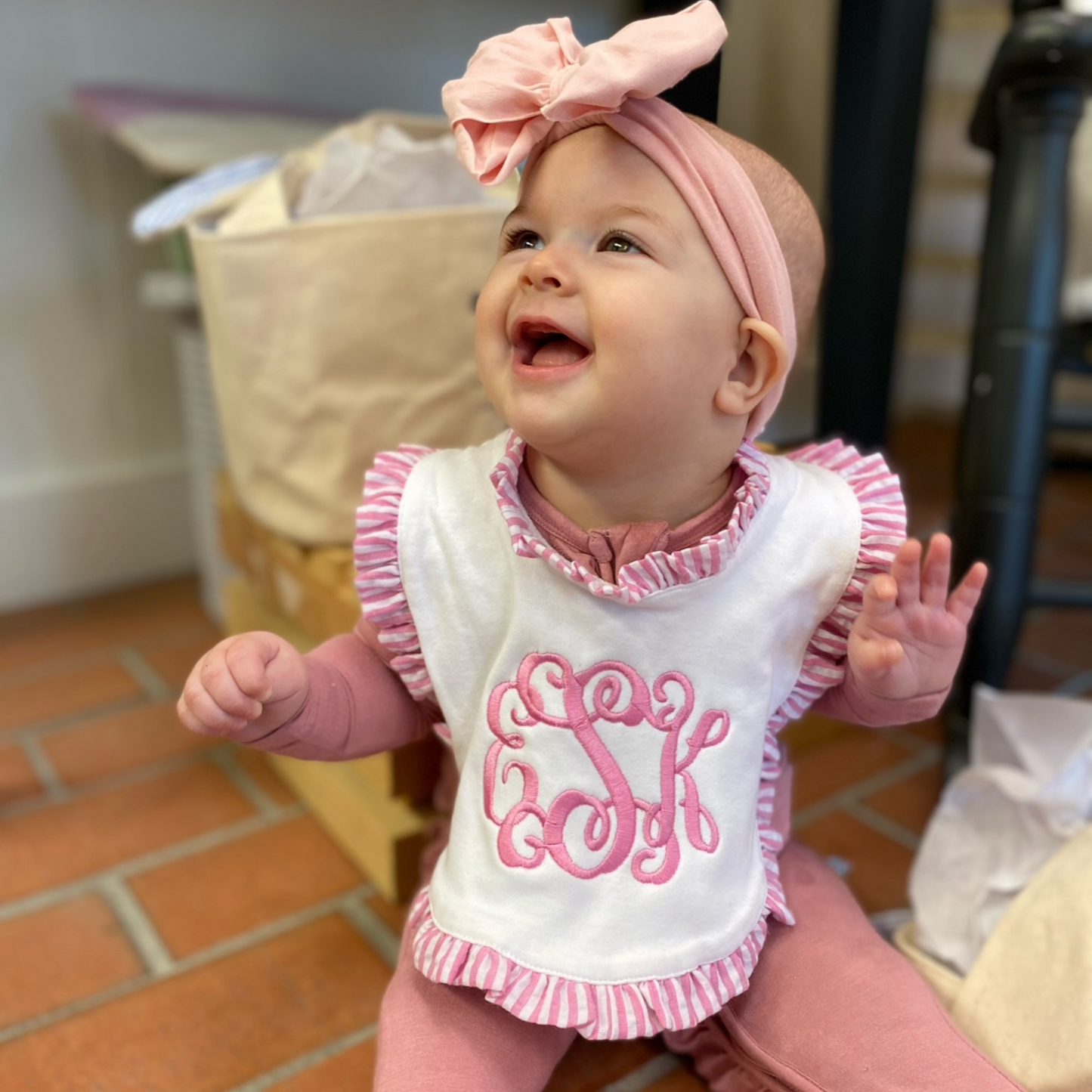 Bib and Burp Cloth set Seersucker Ruffle