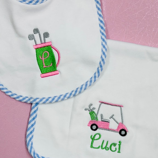 Bib and Burp Cloth set Blue Seersucker