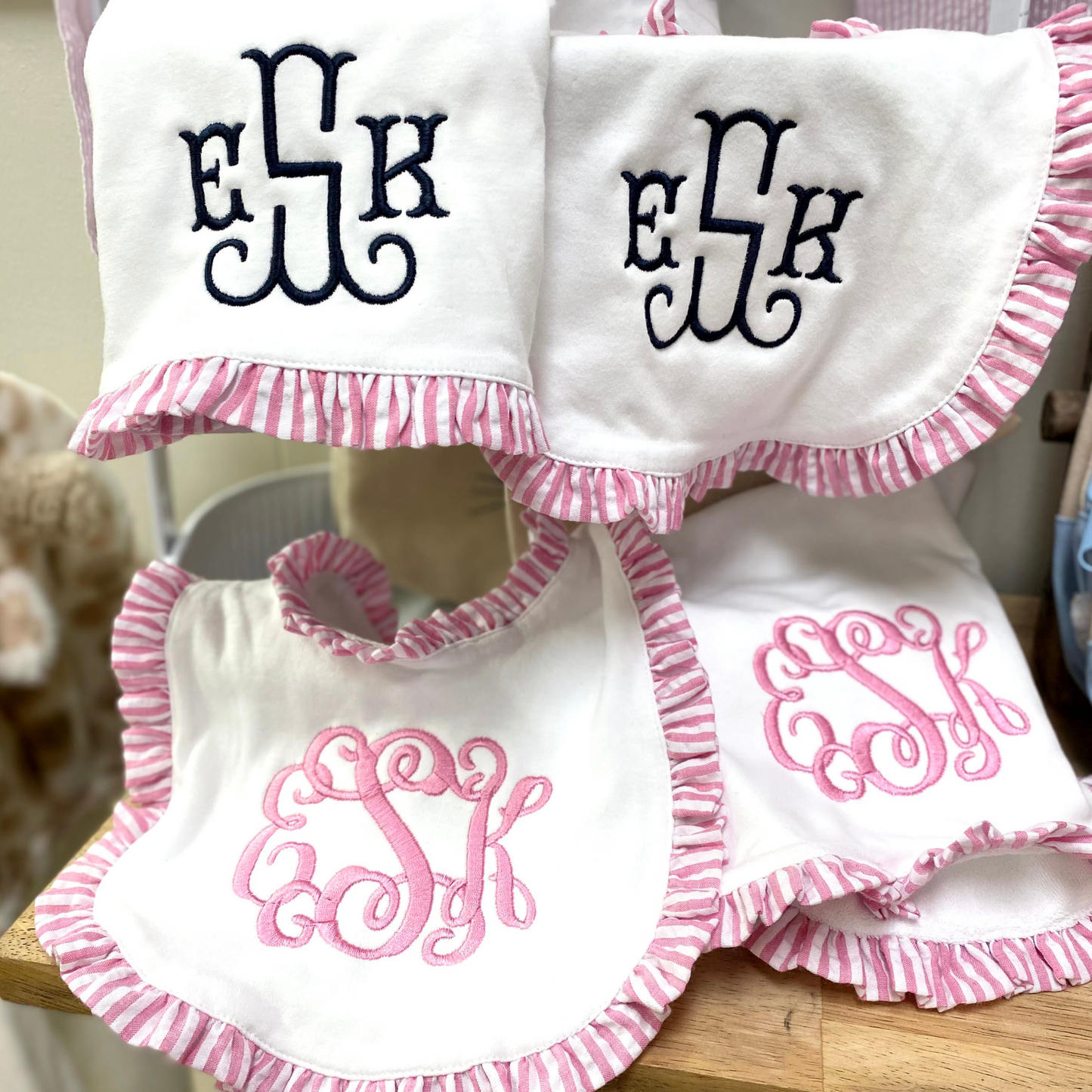 Bib and Burp Cloth set Seersucker Ruffle